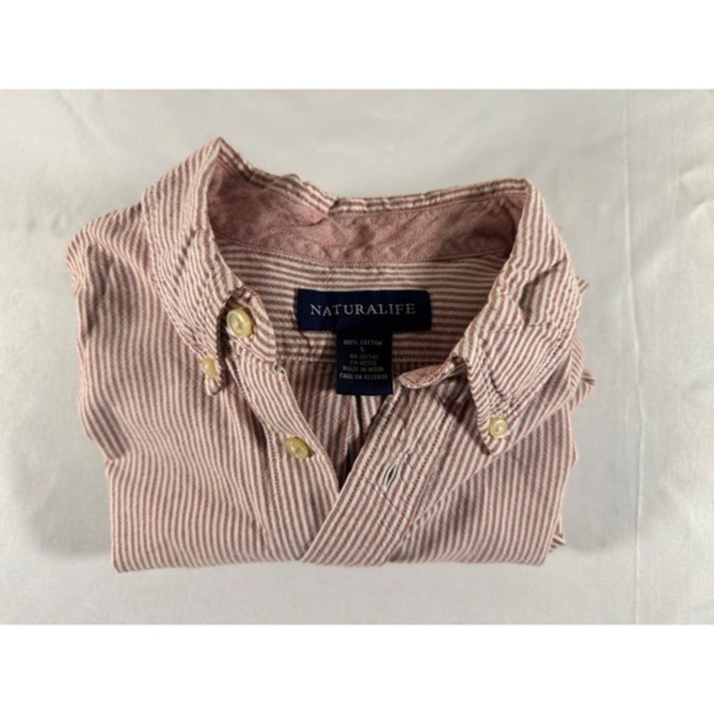 Naturalife Mens Red White Striped Cotton Button Down Shirt Large Long Sleeve